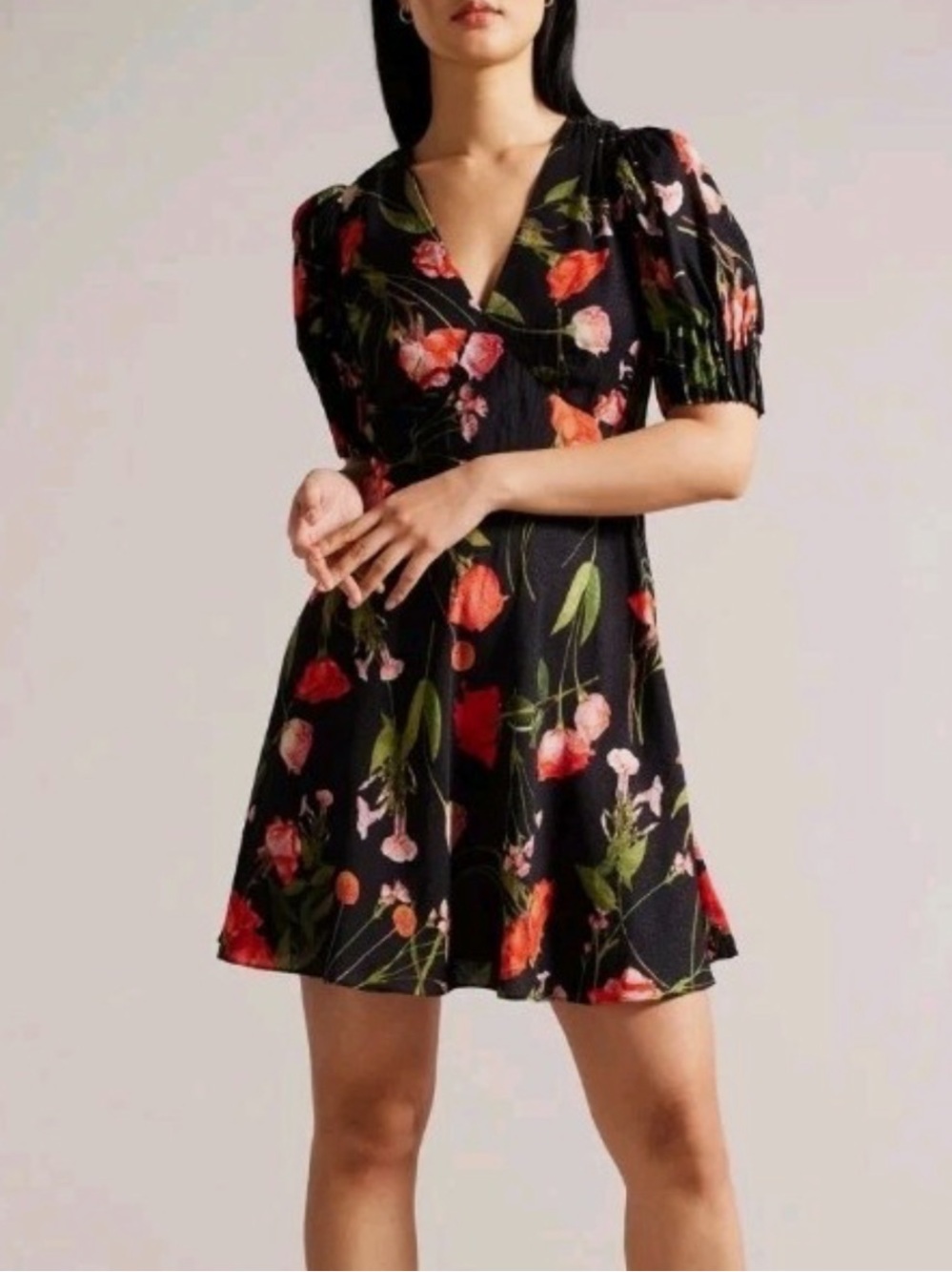 Ted Baker Sienna Puff Sleeve Mini Tea Dress in Black Floral Dress, retail 260.00